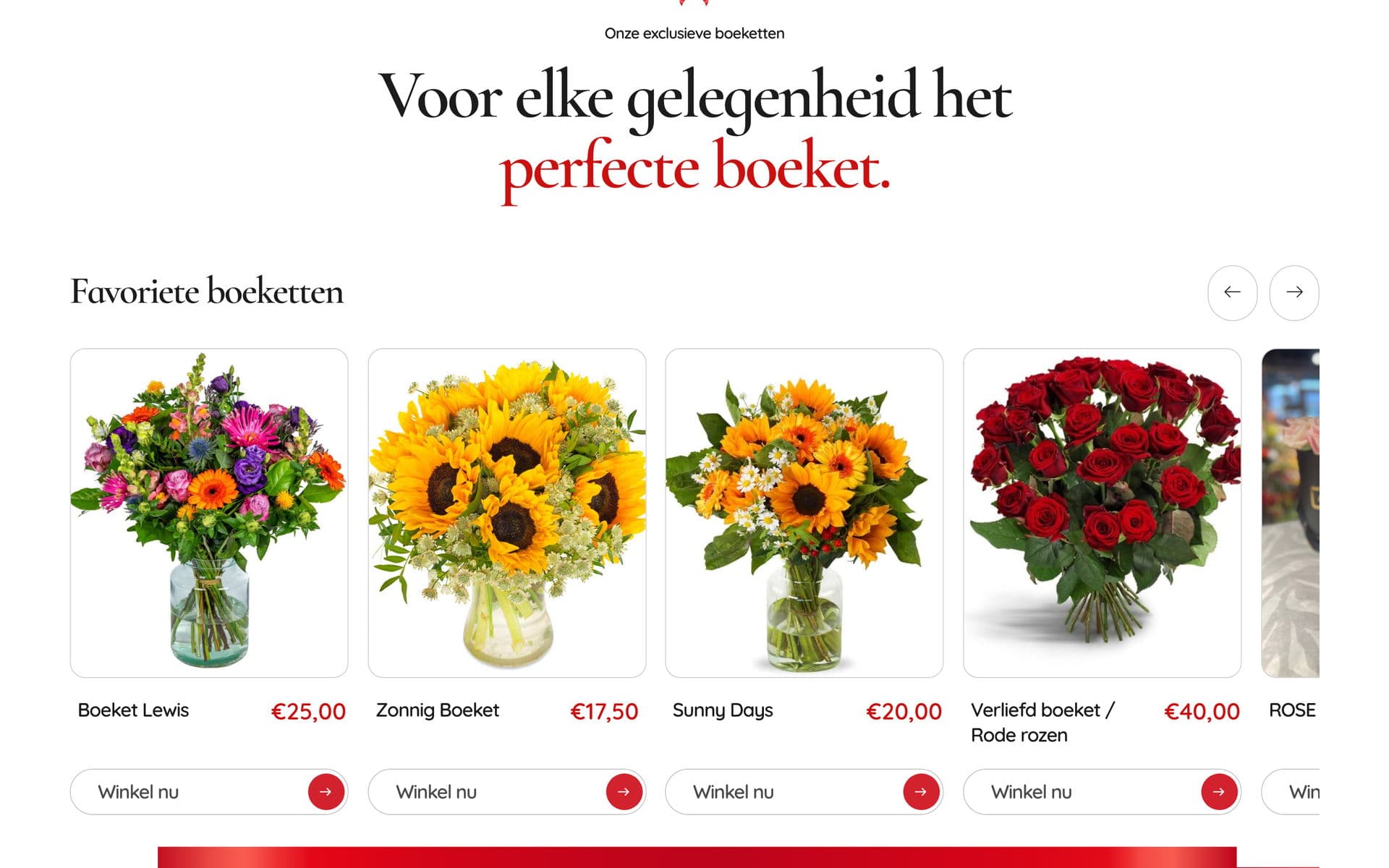 Boekettenoverzicht met prijs en een bestelknop per boeket