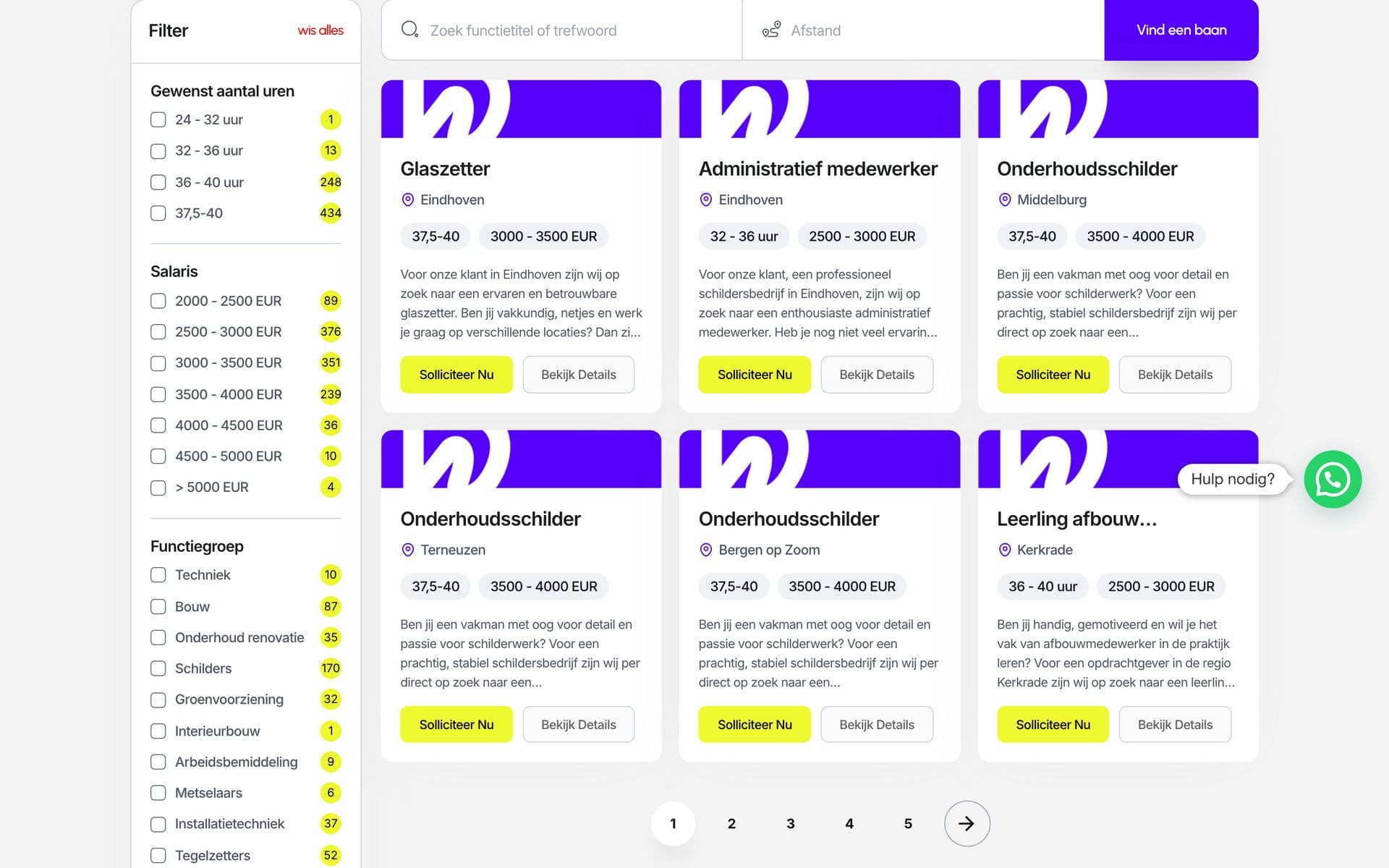 Vacaturezoeker met filters op uren, salaris en functiegroep