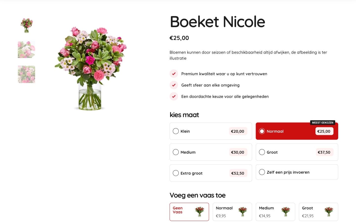 Productpagina met maatkeuze, vaas-upsell en bezorging dezelfde dag