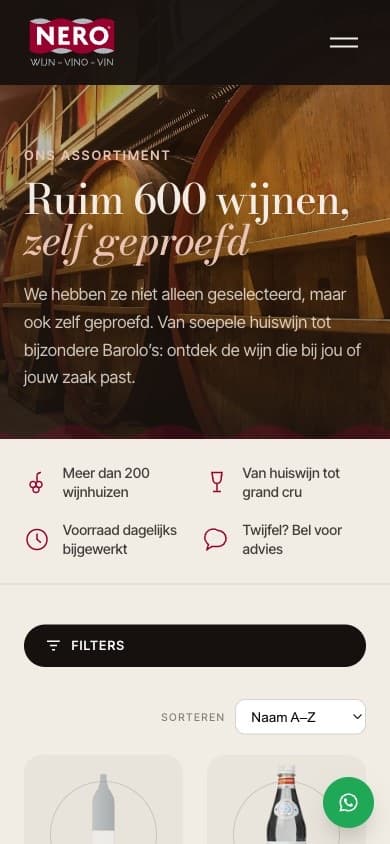 Het assortiment op een telefoon, met filters en dagelijks bijgewerkte voorraad
