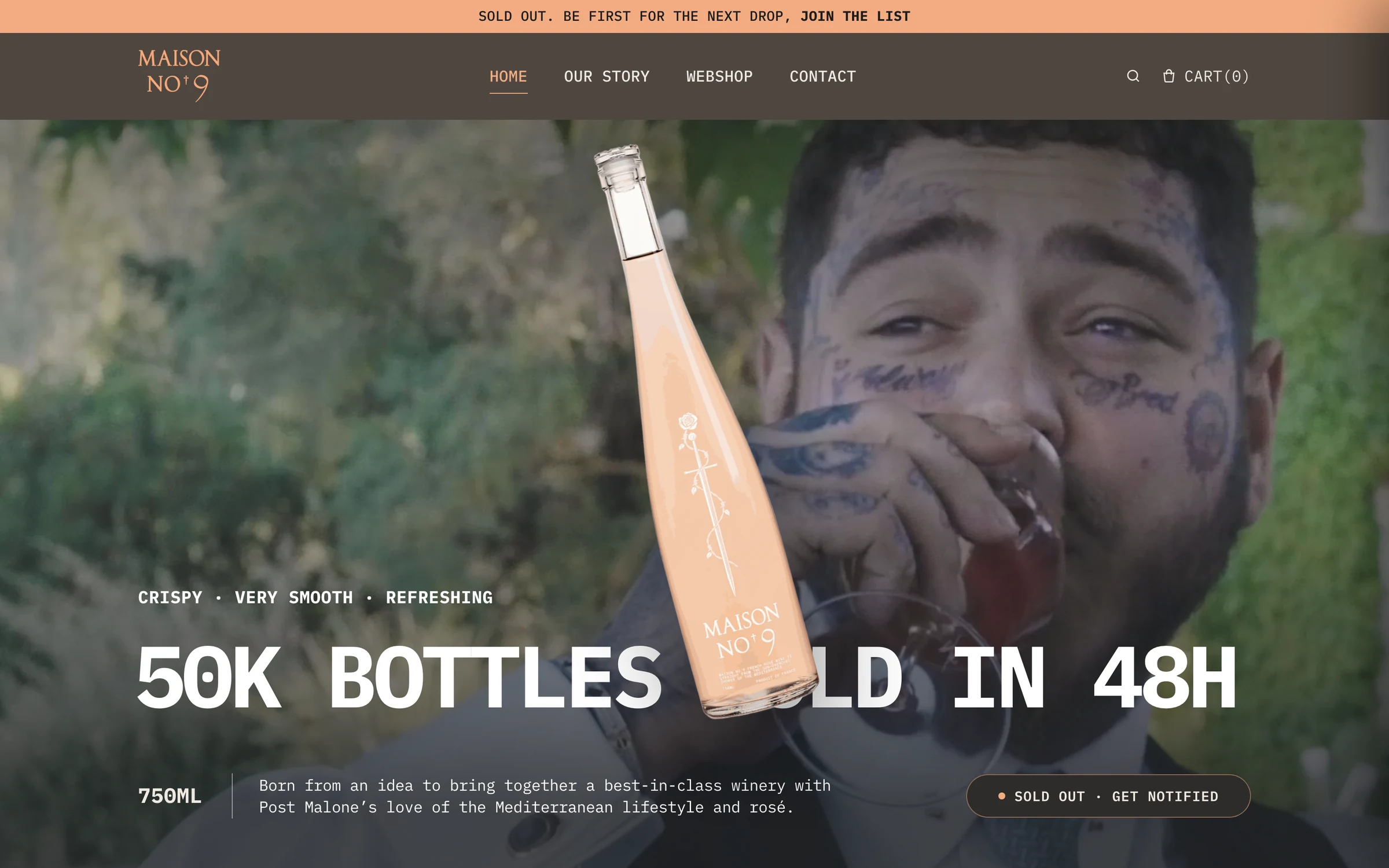 De homepage met de campagnevideo en de merkwereld van Maison No. 9