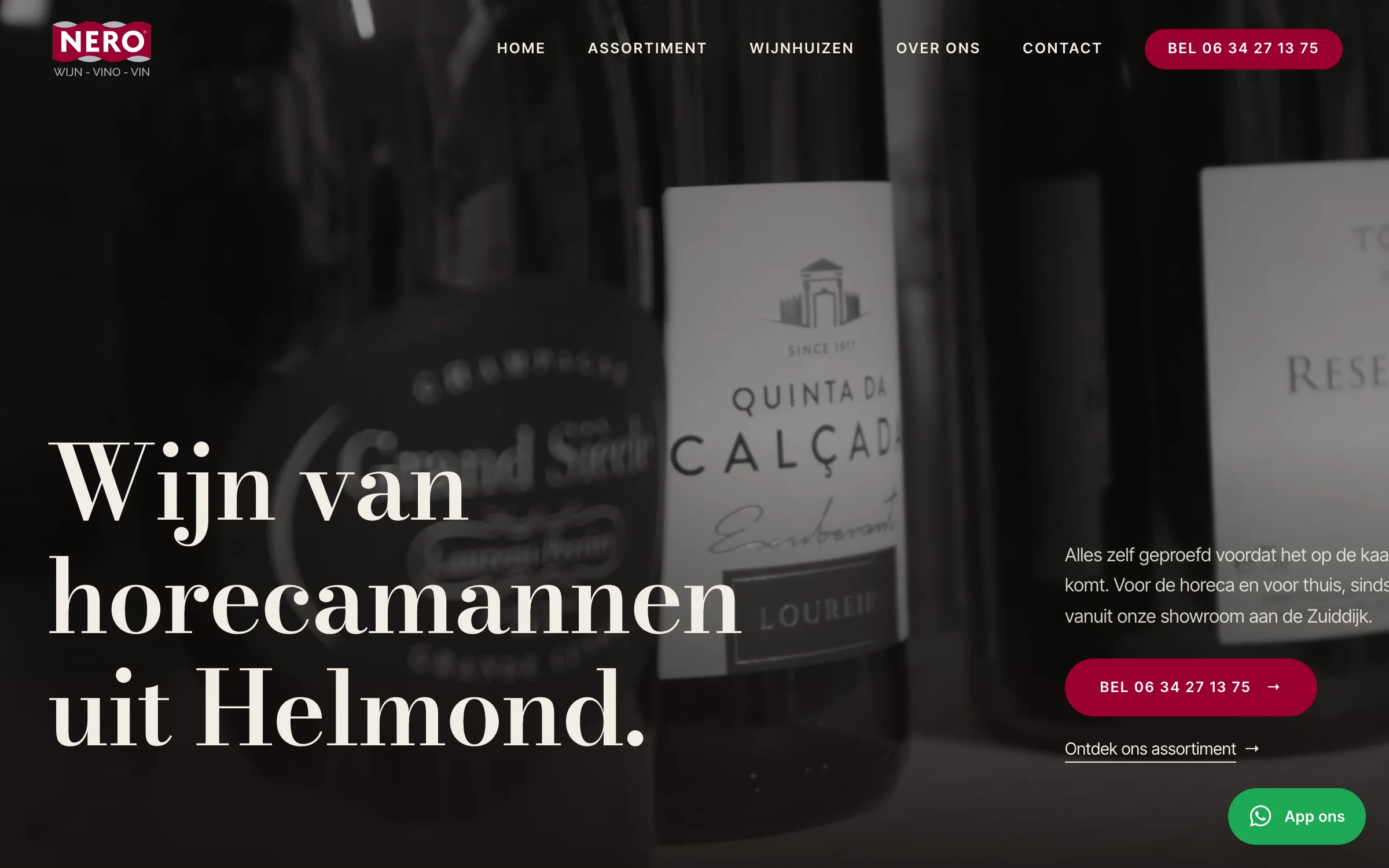De homepage met het verhaal van de zaak en direct contact met de showroom