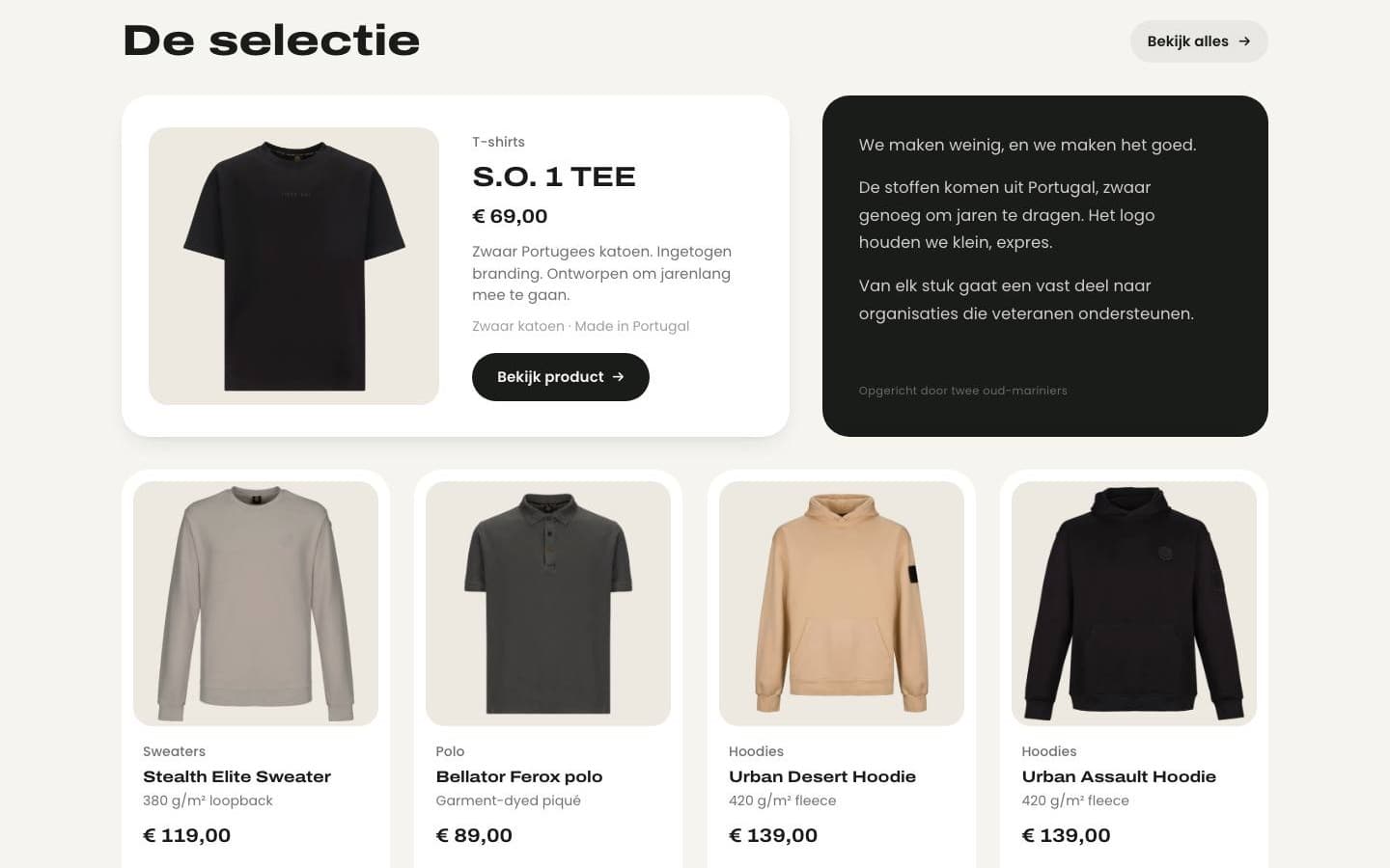 Productselectie met materiaalinfo, prijs en een knop per artikel
