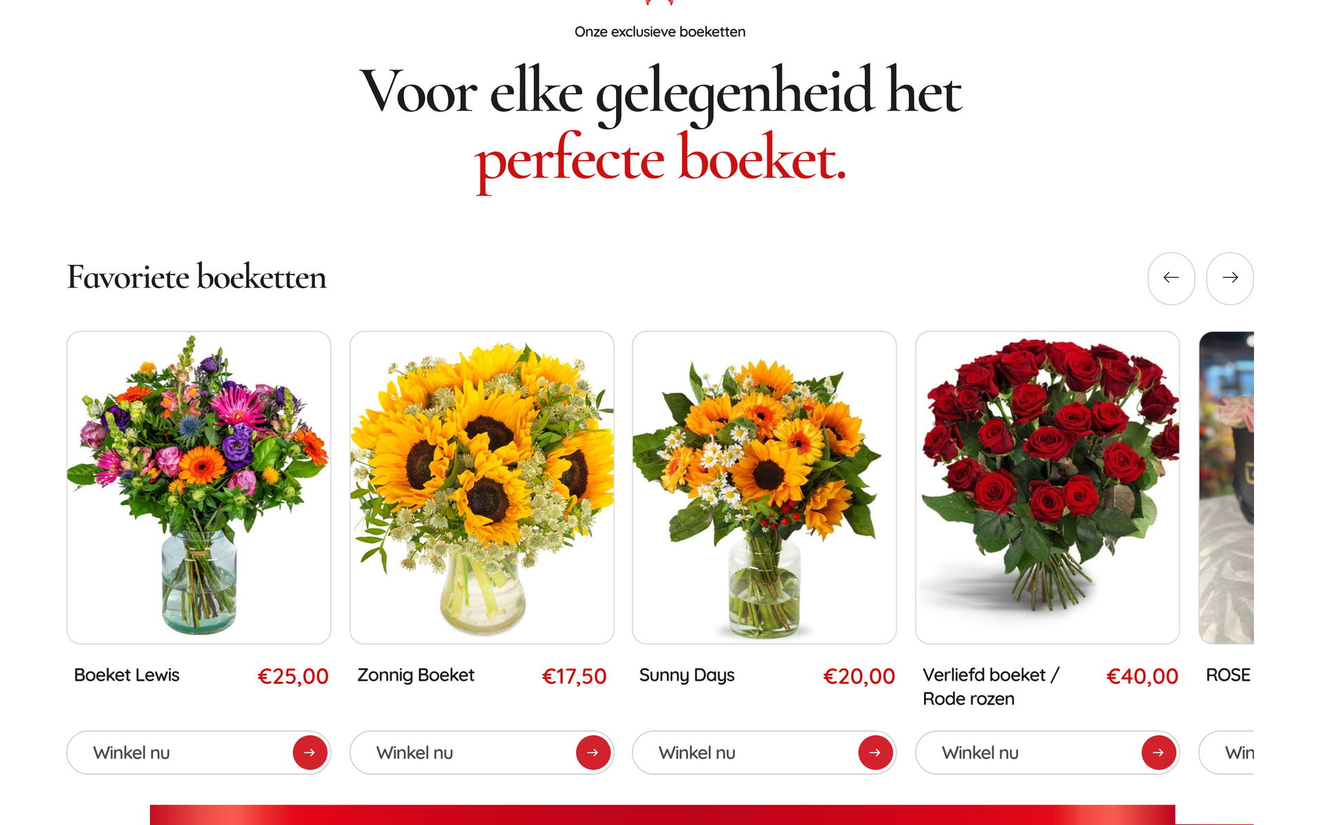 Bouquet overview with the price and an order button for each bouquet
